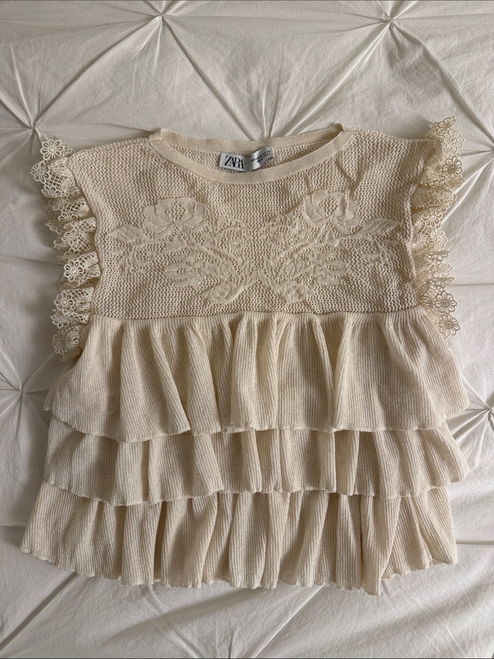 Zara Ivory Lace-Trim Ruffle Knit Top